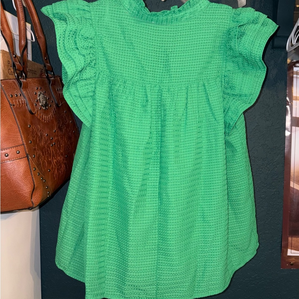 Umgee Bright Green Textured Flutter Sleeve Blouse - Picture 2 of 2